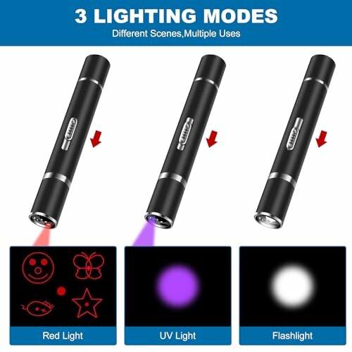 Three lighting modes flashlight with red, UV, and white light options.