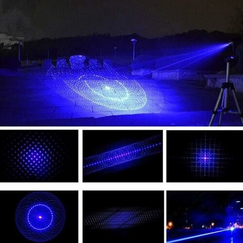 Various patterns created by a blue laser light outdoors.