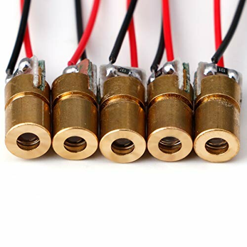 Five brass laser diodes with red and black wires.