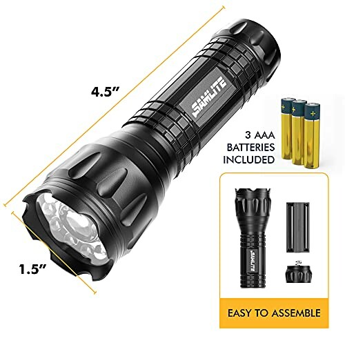 Compact flashlight with 3 AAA batteries included.