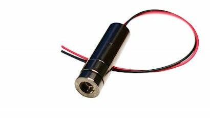 A compact cylindrical laser module with red and black wires.