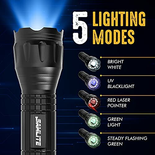 Flashlight displaying 5 lighting modes: bright white, UV blacklight, red laser pointer, green light, steady flashing green.