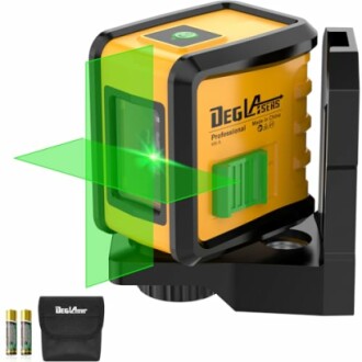 Green laser level tool with accessories.