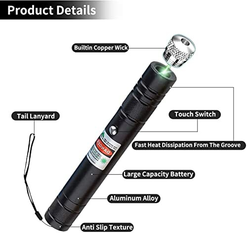 Detailed view of a green laser pointer with labeled features.