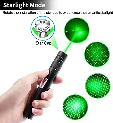 Hand holding a black laser pointer with green starlight mode effect.