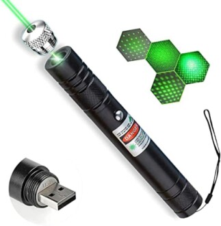 Green laser pointer with USB port and star pattern attachments.