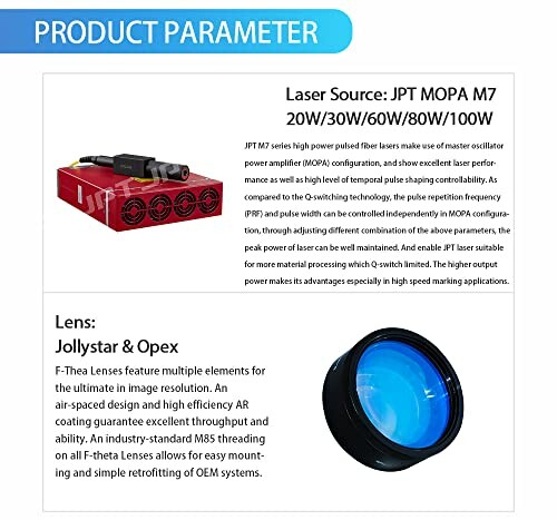 Product parameters for JPT MOPA M7 laser and lens details.