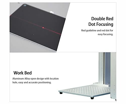 Double red dot focusing and aluminum alloy work bed for precise positioning.