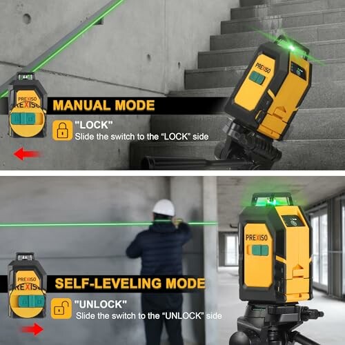 Laser level in manual and self-leveling modes with instructions.