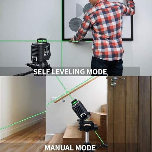 Laser level demonstrating self-leveling and manual modes for picture hanging and stair alignment.