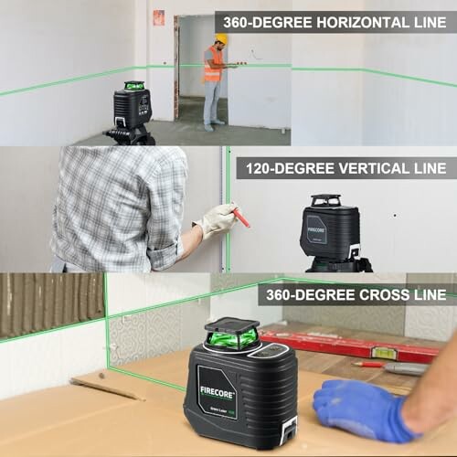 Laser level tool projecting horizontal and vertical lines in construction setting.