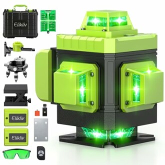 Green laser level tool set with accessories including case, mounts, and glasses.