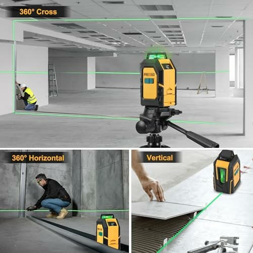 Laser level tool projecting green lines for alignment.