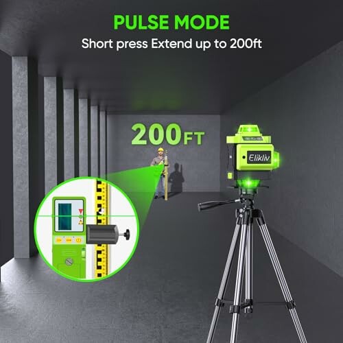 Laser level on tripod projecting green beam with pulse mode up to 200ft.