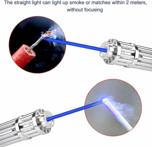 Laser lighting a cigarette with blue beam.