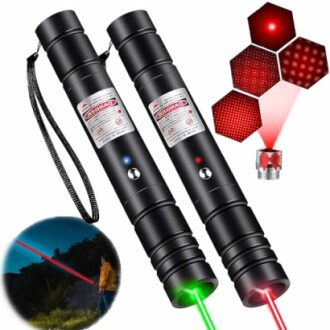 Two laser pointers with red and green beams, showcasing beam projection and range.