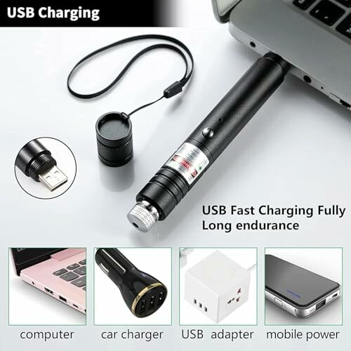 USB charging laser pointer with computer, car charger, USB adapter, and mobile power options.