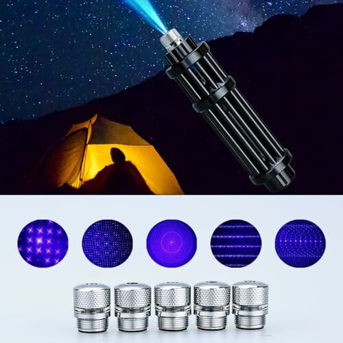 Laser pointer shining in night sky over a camping tent, with various beam pattern attachments displayed below.