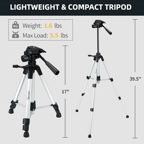 Lightweight and compact tripod with weight 1.6 lbs and max load 5.5 lbs.