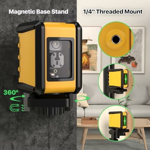 Magnetic base stand with a 1/4 inch threaded mount featuring a yellow and black device.