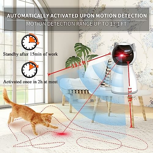 Motion-activated cat toy with laser, automatically activated upon motion detection, range up to 13.1 ft.