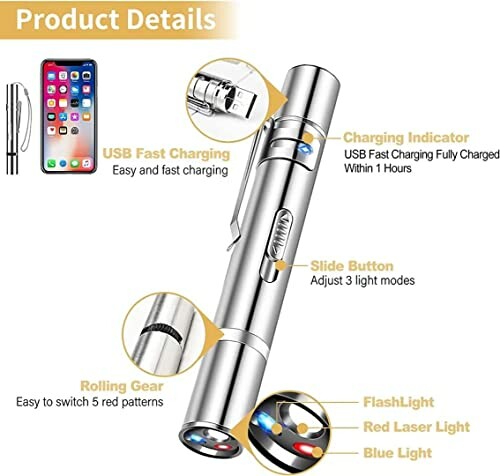 Multi-function pen light with USB charging, slide button, rolling gear for light modes.