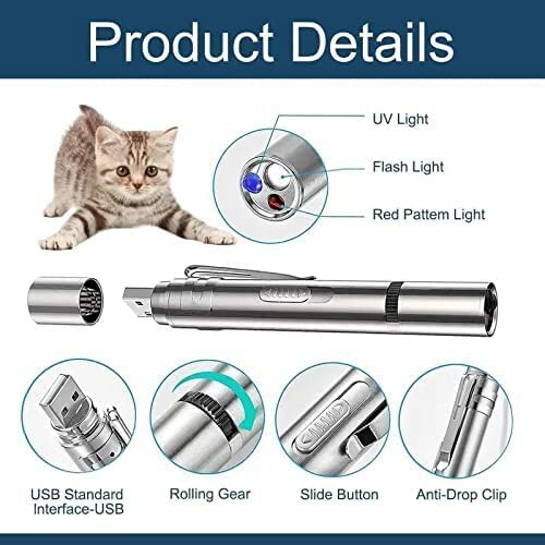 Multifunctional pen light with cat, USB interface, rolling gear, slide button, and anti-drop clip.