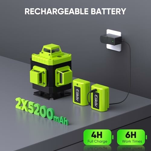 Rechargeable battery pack with charging time and work duration.