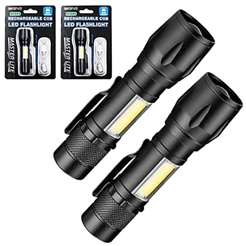 Two black rechargeable COB LED flashlights with packaging