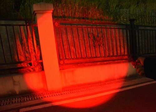 Red flashlight beam illuminating a fence at night.