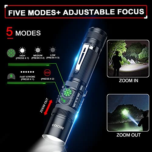 Tactical flashlight with five modes and adjustable focus features