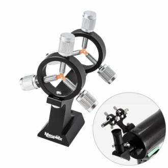 Telescope finder scope bracket with mounting rings and screws.