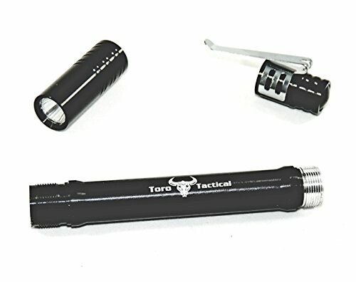 Disassembled black Toro Tactical flashlight with components.