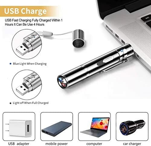 USB rechargeable flashlight connected to a laptop, showing charging status and compatible devices.