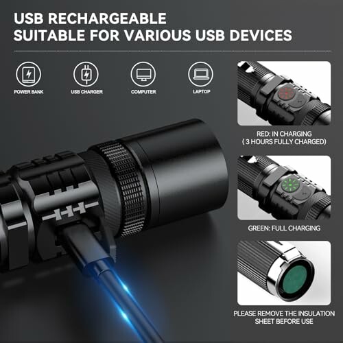 USB Rechargeable Flashlight with charging indicators for various devices