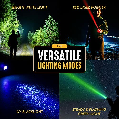 Image showing five versatile lighting modes: bright white light, red laser pointer, UV blacklight, steady and flashing green light.