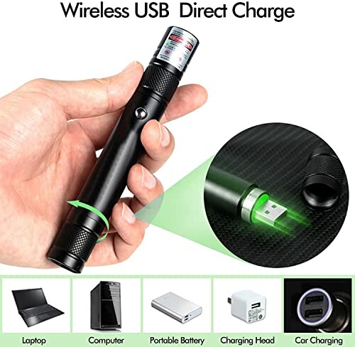 Hand holding a wireless USB direct charge device with charging options.