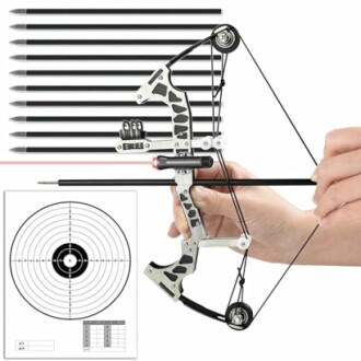 Hand holding a compound bow with arrows and a target.