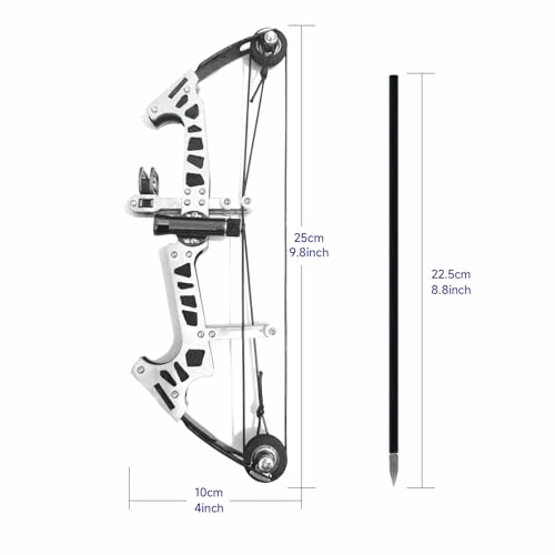 Compound bow and arrow with measurements.