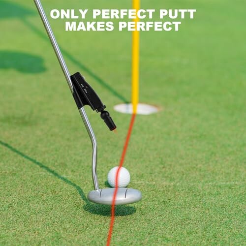 Golf putter and ball on green with alignment line.