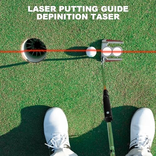 Golf putting with a laser guide aiming at hole.