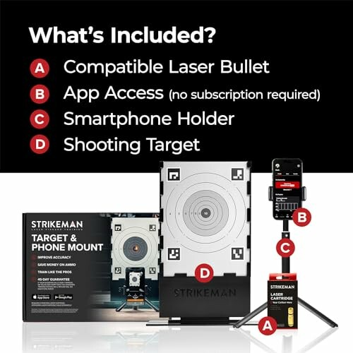 Strikeman training kit with laser bullet, app access, smartphone holder, and shooting target.