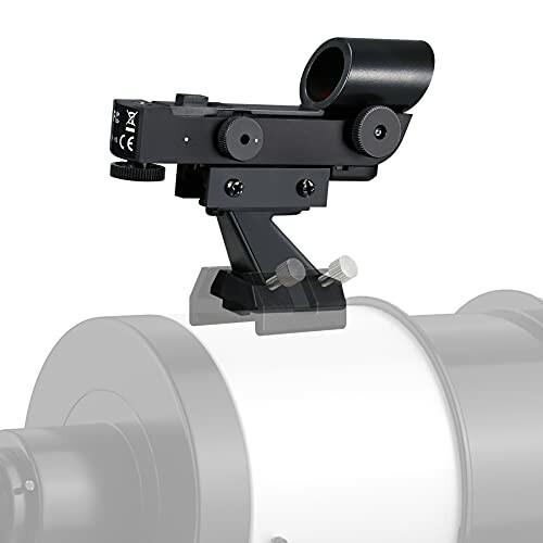 Telescope reflex sight mounted on a white tube, showcasing the Brightness Red Dot Finderscope's adjustable mounting bracket.