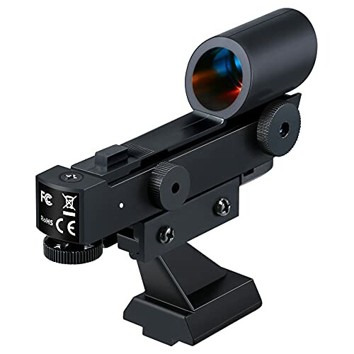 Black reflex sight with mounting bracket, showcasing the Brightness Red Dot Finderscope's adjustable red dot and straight-through finderscope.